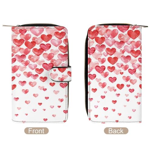 Nugier Women Soft PU Leather Wallet, Zipper Card Case Clutch Credit Bills Money Crash Coin 7.8x4.3x1.4 in Holder Purse Print Valentine Day Watercolor Hearts Falling Red Hearts4