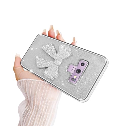 TSAYGFK for Samsung Galaxy Note 9 Case for Women Glitter Stylish Soft Clear TPU Luxury Cute 3D Bowknot Crystal Sparkly Shiny Protective Cover with Strap for Note 9 Phone Case (Bowknot Silver)