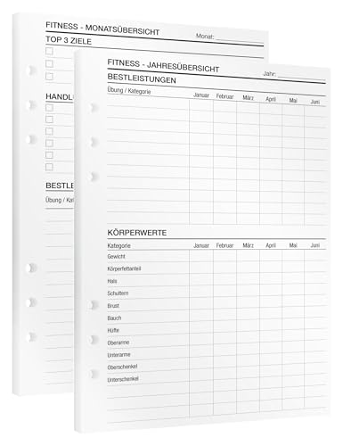 KOMPASS® Fitness-Planer| 25 DIN-A5-Einlagen für Ringbuchplaner | Trainingstagebuch | Monatsplaner | Jahresplaner Gym Tagebuch für Fitnessziele, Bestleistungen & Körperwerte & Ernährungstagebuch
