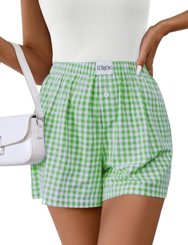Image of LOMON Womens Boxer Shorts Casual Summer 2026 Pajama Lounge Sleep Pj Gingham Plaid Shorts Y2K Beach Bottoms