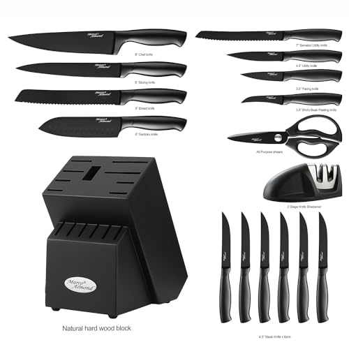 Image of Marco Almond Kitchen Knife Set with Block and Sharpener MA23, 17 Pieces Knife Block Set Stainless Steel Chef Black Knives Set for Kitchen