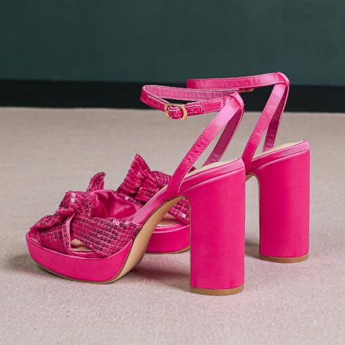 Amoji Women's 4 Inch Block Sequin Platform Heels Bowknot Ankle Strap Heeled Sandal Wedding F43044