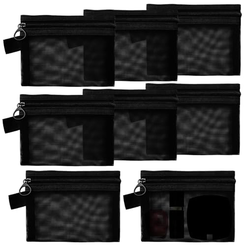 8 PCS Small Zipper Pouch Black Coin Purse Mini Mesh Pouches Cosmetic Bag Travel Portable Makeup Case Mesh Organizing Storage Bags with Keychain for Women