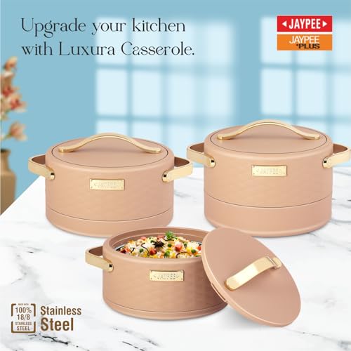 Image of JAYPEE Luxura Inner Stainless Steel Serving Casserole Set of 3 Elegance Unique Design PU Insulated 100% Food Grade with Lockable Lid, Chrome Plated Handle Hot Case |1500, 2000, 2500 ml, Brown