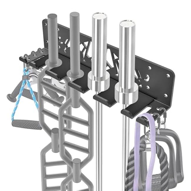 Kipika Versatile Wall Mounted Barbell Holder with Hooks Storage Rack for Barbell Bars Holds Under 33mm Bar Size and Fitness Accessories Space-Efficient Gym Organization for Home & Commercial Use