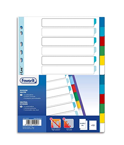 Favorit 400132500 Divisori a Foratura Universale per Raccoglitori ad Anelli con 12 Tacche Neutre Colorate, Formato Interno A4, in Polipropilene (Materia Plastica Atossica)