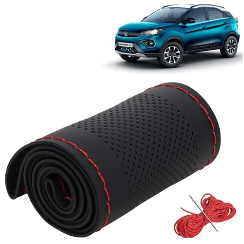 Image of KINGSWAY PU Leatherite Car Steering Cover Sewable Compatible with Tata Nexon EV (Year 2020-2023), Black Color with Red Thread, Pack of 1 with Sewing Needle and Thread
