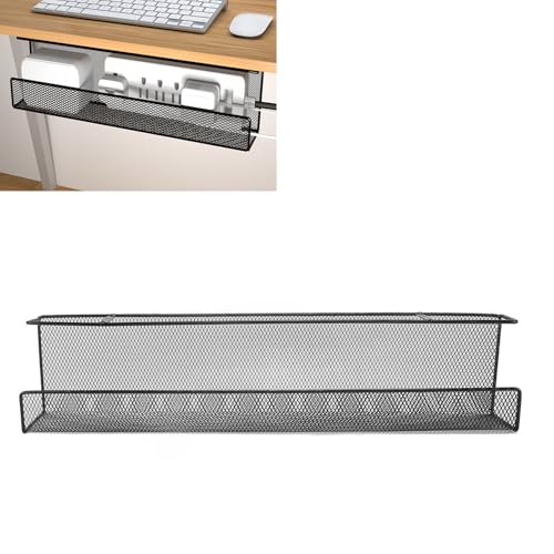 Cesta de almacenamiento bajo escritorio, bandeja para gestión de cables de hierro sin perforaciones, instalación sin rastro, organizador de escritorio para dormitorios, estudios y oficina (Pequeño) miniatura 4