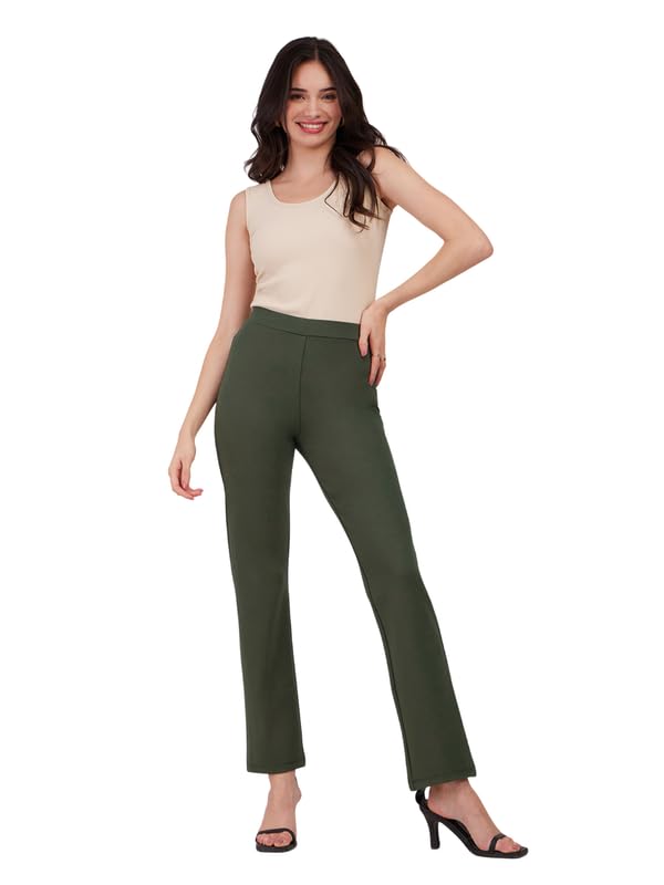 Image of FableStreet Women's Bootcut Stretch Livin Trousers | Nylon Rayon with Mid-Rise Waist | Solid Pattern & Plain Weave Fabric | Office Wear & Business Meetings