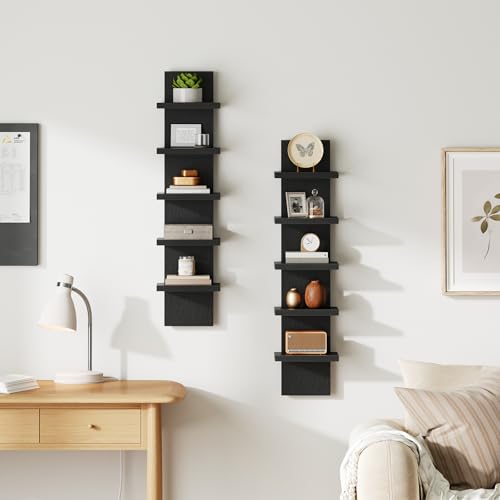 Image of HOOBRO 5 Tier Wall Shelf Unit, 2 Pack Floating Shelves for Wall, Wall Mounted Shelves for Storage, Vertical Display Shelf, Organizer Tall Tower Design for Livingroom Bedroom Kitchen, Black BK18BJP201