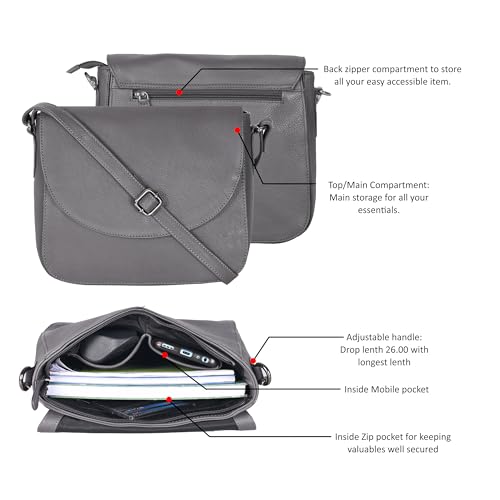 Image of Genuine Leather Shoulder Crossbody Purse For Women with Adjustable Strap, Mobile Pocket & Outside & Inside Zipper