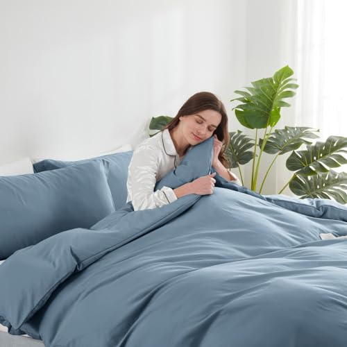 Image of Hearth & Harbor Stone Blue Duvet Cover Queen Size, 3 Piece Bedding Set | Soft Double Brushed Bedding Set, Button Closure, 1 Duvet Cover 90x90 Inches, 2 Pillow Shams