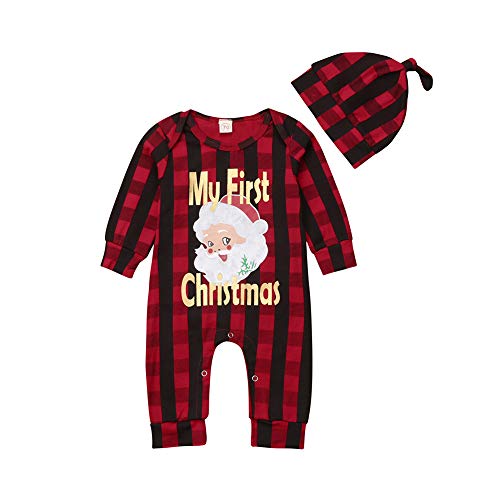 Newborn Baby Boy Girl My First Christmas Outfit Santa Striped Plaid Romper Jumpsuit One-Piece Coverall with Hat Set (Red, 3-6 M)