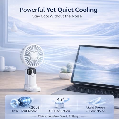 Image of One94Store Rechargeable Handheld Fan with 1800mAh Battery, 4-5 Hours Battery Backup, 6 Speed Touch Control, Portable Mini Fan with Mobile Stand for Travel, Office, Home & Outdoor Use (White)
