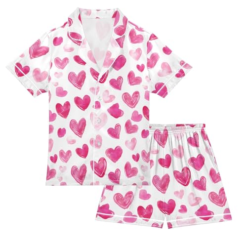 Pink Heart-shaped Pattern Summer Satin Pajama Set, Cute Button-Down Sleepwear Pj Set for Sleep Wears