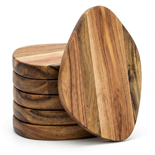 CIRCUIT GREEN Set of 6 Acacia Wood Coasters 16.6 10 cm Drink Coasters with Anti-Slip Base Natural Wooden Table Protection for Coffee Tea Arabic Coffee & Dates Dining & Home Décor