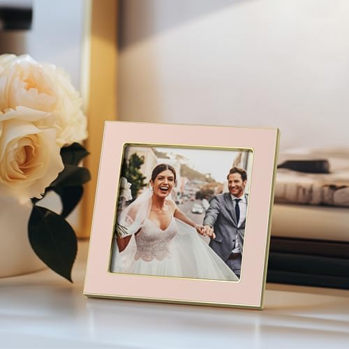 Image of eletecpro 4x4 Enamel Picture Frame Set of 2 with Real Glass Cover, Square Photo Frame with Gold Metal Edge Display Pictures 4 by 4 for Tabletop and Wall Decor, Pink