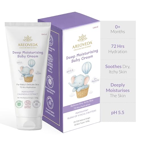 Image of AreoVeda Deep Moisturising Baby Cream (100gm) | 72Hrs Hydration | Suitable for Baby's Dry Skin | With Shea Butter & Saffron Extract | Non-Sticky | For 0-5 Years | Ecocert Certified, EWG Verified