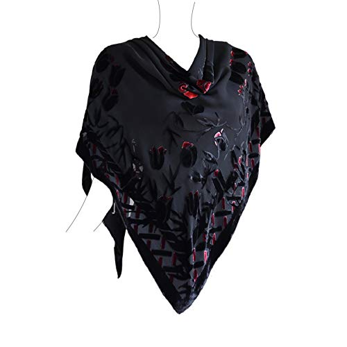 Silk Base Burn-out Velvet Square Scarf 42"x42",Tulip,Black-Red,No Fringe2