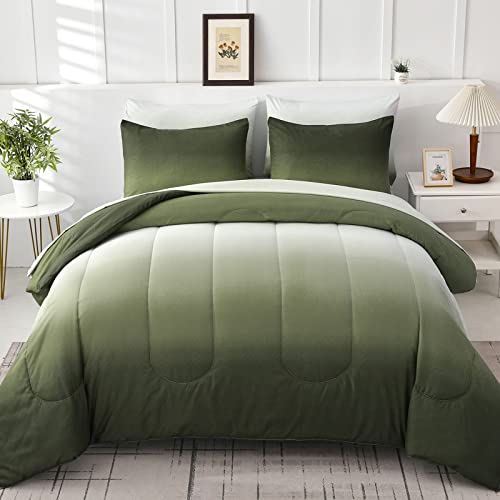 7 Pieces Olive Green King Comforter Set - Lightweight Gradient Dark Green Bed in a Bag Set, All Season Down Alternative Complete Bedding Set with Flat/Fitted Sheet, 2 Pillowcases and 2 Pillow Shams