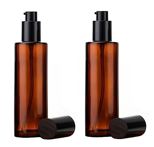 2Pcs 120ml/4oz Empty Amber Glass Lotion Pump Bottles Soap Dispensers Bottle Jar Cosmetics Containers with Black Pump for Essential Oil Foundation Cream Shampoo