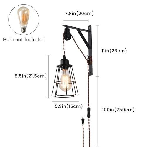Image of Industrial Rustic Cage Wall Lamp Bracket Pulley Lights Fixture, Farmhouse Pendant Lamp Adjustable Hanging with Plug in Cord - Retro Wall Sconce for Indoor Living Room Restaurant (1-Pack)