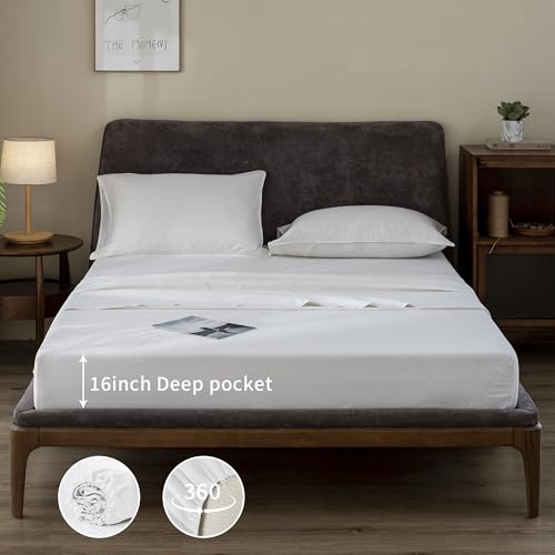 EVERLY Linen Sheets Set Queen Size,100% French Stonewash Pure Linen Sheets Set,4Pieces (1Flat Sheet,1Fitted Sheet,2Pillowcase) Suitable for Hot Sleepers,Deep Pocket Natural Bedding Set-White-Queen
