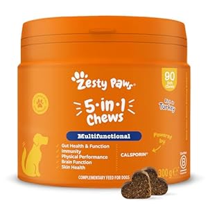 Zesty Paws Dog Multivitamin 5-in-1 | Promotes Gut Health & Skin Health | Boosts Immunity, Physical Performance & Reduces Stress | Vitamin B | Supports Gut & Skin Health | Turkey Flavour | 90 Pcs