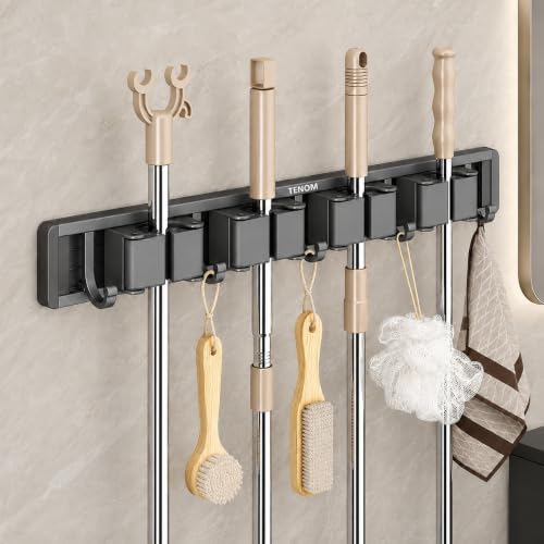 Image of TENOM Broom Holder Wall Mount, Space Aluminium Rust Proof Mop Holder, Broom Stick Holder Wall Mounted with Hooks, Mop Hanger for Kitchen, Bathroom & Home