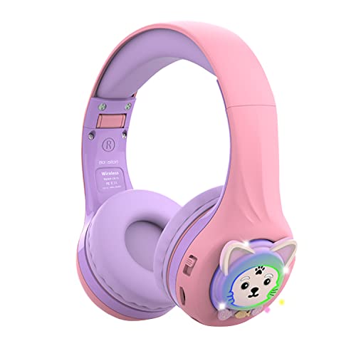 Riwbox Baosilon CB-7S Cat Kids Headphones Wireless/Wired with Mic, Light Up Bluetooth Headphones Over Ear Volume Limited Safe 75/85/95dB with TF-Card, Children Headphones for School(Purple&Pink)