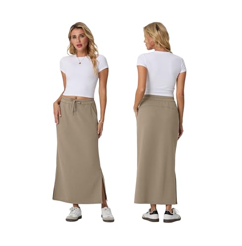 Image of Lepunuo Women's High Waisted Sweat Maxi Skirt with Pockets Slit | Ultra Soft Sweat Fabric, High Waist Drawstring, Deep Phone Pockets, Side Slit for Movement, Ideal for Lounge Travel
