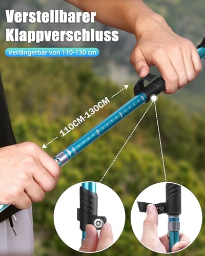 COVACURE Wanderstöcke Nordic Walking Stöcke - 110-130 cm Faltbar, Verstellbar, Teleskop, Leicht, mit Gummipuffer für Damen und Herren (Türkis)