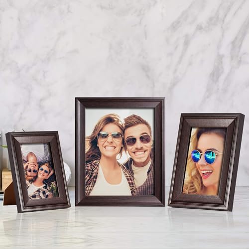 Image of iRahmen 5x7 Picture Frame Set of 4, Dark Brown Rustic Retro Photo Frame with Real Glass, 5 x 7 Frames for Wall Mount and Tabletop Display