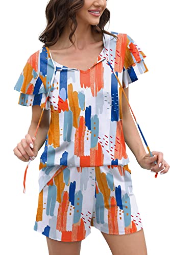 Image of WIHOLL Summer Outfits for Women 2 Piece Short Sleeve V Neck Lounge Sets Casual