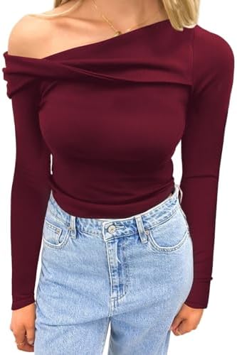 CiCiBird Women One Off Shoulder Long Sleeve Tops Going Out Slim Fit Shirts Y2K Trendy Fall Blouse