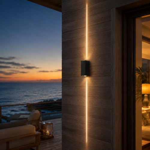 Image of Bofea-Outdoor Waterproof Wall Sconce Black Aluminum Construction with Dual Up /Down LED Lights Outside Wall Lights Ideal for Patio, Garden, and Porch Lighting(One Main Beam Up and Down)