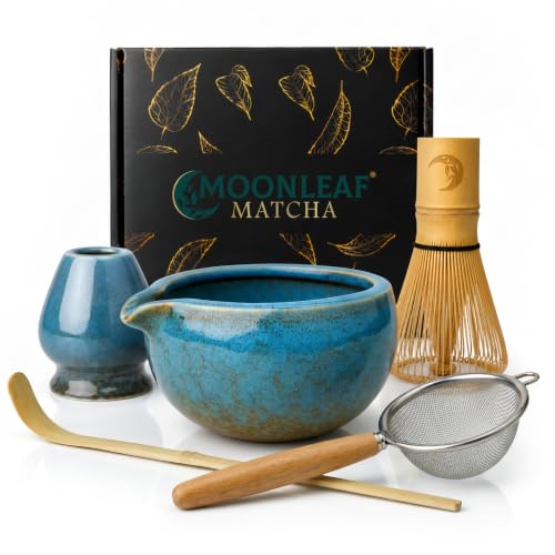 Moonleaf Matcha Set | 5-Piece Japanese Matcha Whisk Kit with Ceremonial Ceramic Bowl, Bamboo Whisk, Stainless Sifter, Bamboo Scoop & Holder | Premium Matcha Tea Set Gift for Beginners & Enthusiasts