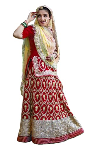 Image of Fancy Heavy Embroidery Work Shimmer Silk Semi-stitched Rajasthani Poshak Rajputi Lehenga Choli For Women