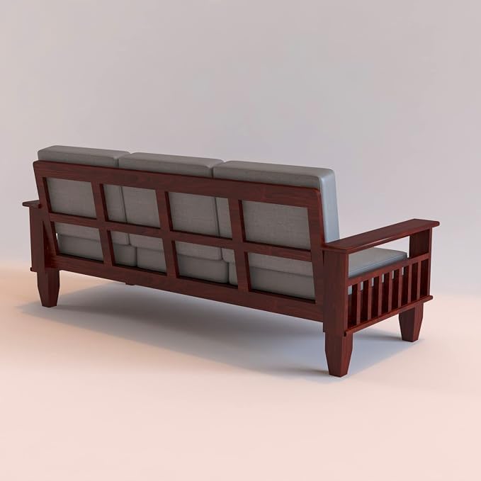 Image of Sheesham Wooden 3 Seater Sofa for Living Room | Rosewood 3 Seater Cushion Sofa with Side Newspaper Holder for Home & Office | Solid Wood Sofa Set for Lounge (Mahogany Finish)