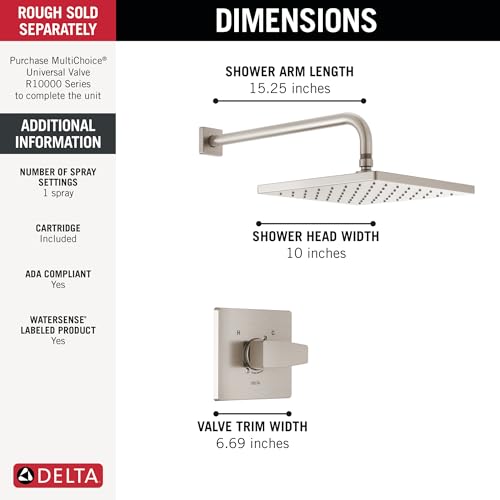 Image of Delta Modern 14 Series Square Rain Shower Faucet Set, Brushed Nickel Shower Head and Handle Set, Valve Trim Kit, Spotshield Stainless T14268-SP-PP (Valve Not Included)