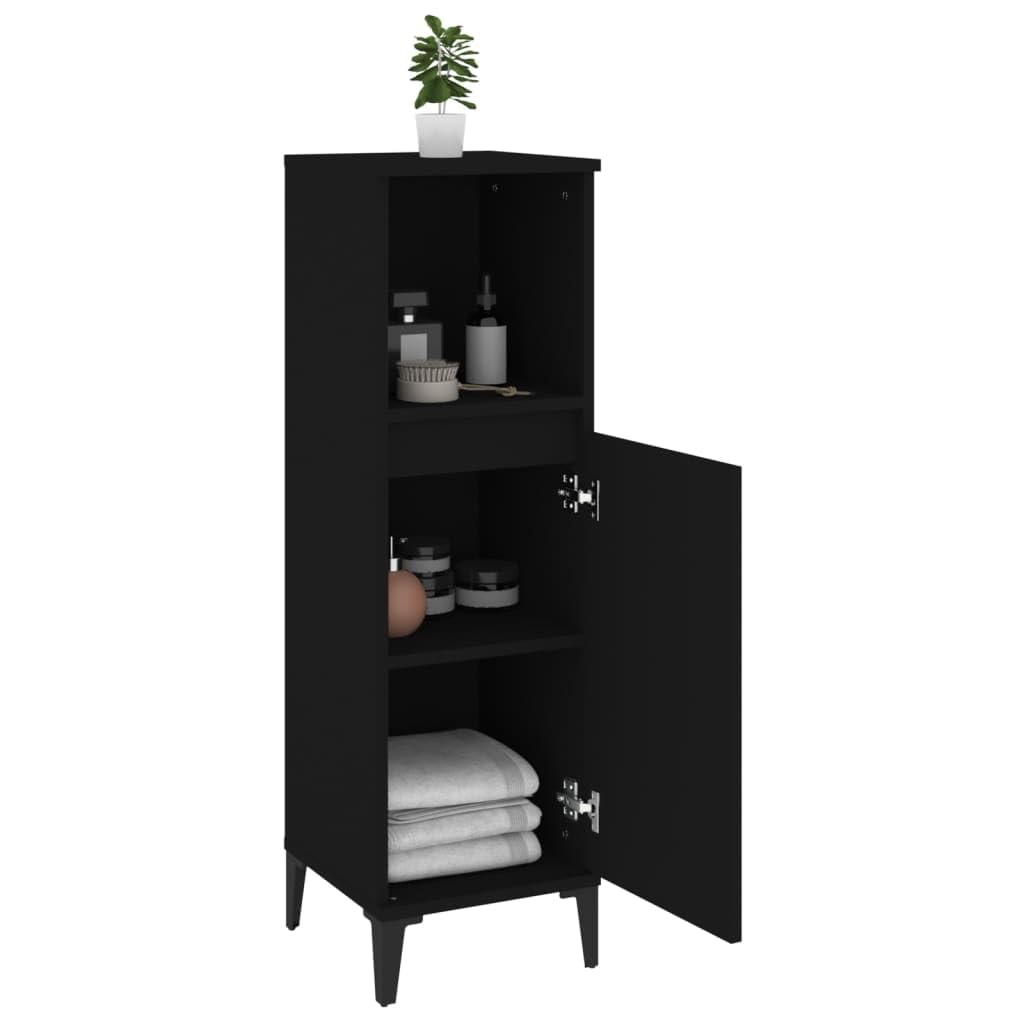 Armario de baño negro de madera 30 x 30 x 100 cm con patas de metal, puerta flexible montable, armario de baño con estante y espacio para muebles de baño, armario bajo lavabo