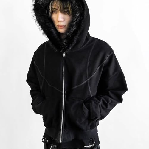 Y2k Zip Up Hoodie Men Hoodie Zip Up Fur Hooded Jacket Grunge Warm Winter Coat for Men with Hood Fur Streetwear2