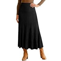 Arach&Cloz Womens Wool Blend Fall Winter Elastic Waist Pleated A-Line Knit Maxi Midi Dress Long Skirts Flowy Casual Teacher Western Travel Country Concert Outfits Black M