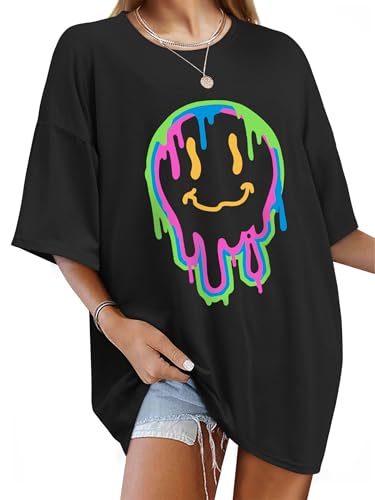 WIEIYM Tshirt Damen Oversized T-Shirt Rundhals Kurzarm Lose Top Sommer T-Shirts Tops Shirt Oberteile Frauen Gedruckt Lässig Oberteile Bluse,B-Black,XXL
