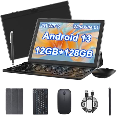 2 in 1 Tablet with Keyboard, 10 inch Android 13 Tablets include Case Mouse Stylus, 12GB RAM 128GB ROM 1024GB Expandable, 5G WiFi 6, BT5.0, 6000mAh Battery, 1280x800 HD Screen 10.1'' Tableta PC Cover