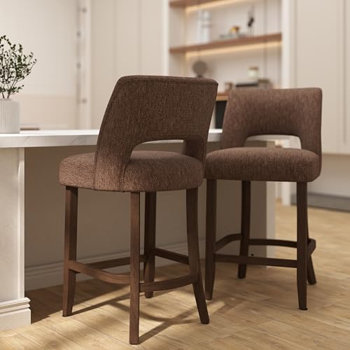 Image of VKNOW Bar Stools Set of 6, 26 inch Upholstered Counter Height Bar Stools, Modern Counter Stools with Wood Legs for Kitchen Island Dining Room Bar, Brown