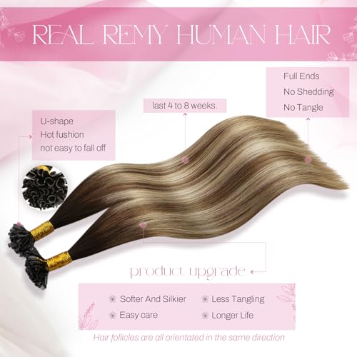 Image of Moresoo U Tip Hair Extensions Brown Bleach Blonde Balayage, 14 Inch | 50g 50 strands, remy human hair, lightweight keratin tips, adds buildable fullness for fine hair, daily wear, natural styling