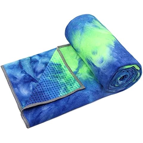 Eunzel Yoga Towel,Hot Yoga Mat Towel with Grip Dots Sweat Absorbent Non-Slip for Hot Yoga, Pilates and Workout 24" x72", Green & Blue Cover