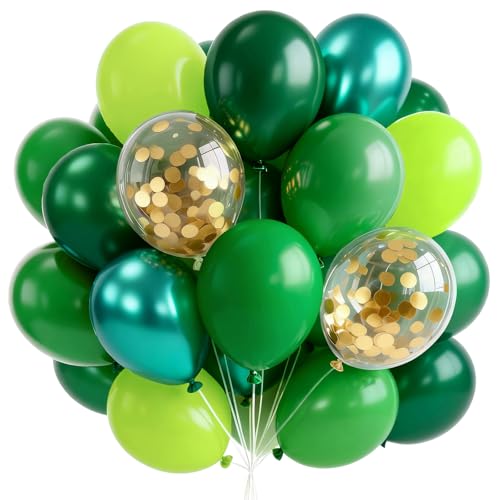 Image of PartyWoo Green Balloons 65pcs 12 Inch Light Lime Dark Emerald Hunter Forest Metallic Green Gold Confetti Balloons for Baby Shower Wedding Engagement Jungle Woodland Birthday Party Decorations