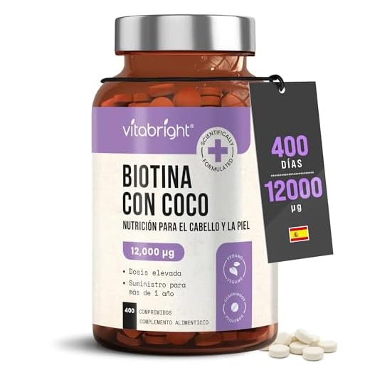 Biotina Para el Cabello, Piel y Uñas Ultra Fuerte 12.000 µg Pastillas | Suministro para 1 Año | Biotina con Coco Anticaida y Crecimiento Cabello Mujer | B7 Vitaminas Para el Pelo | VitaBright Biotin